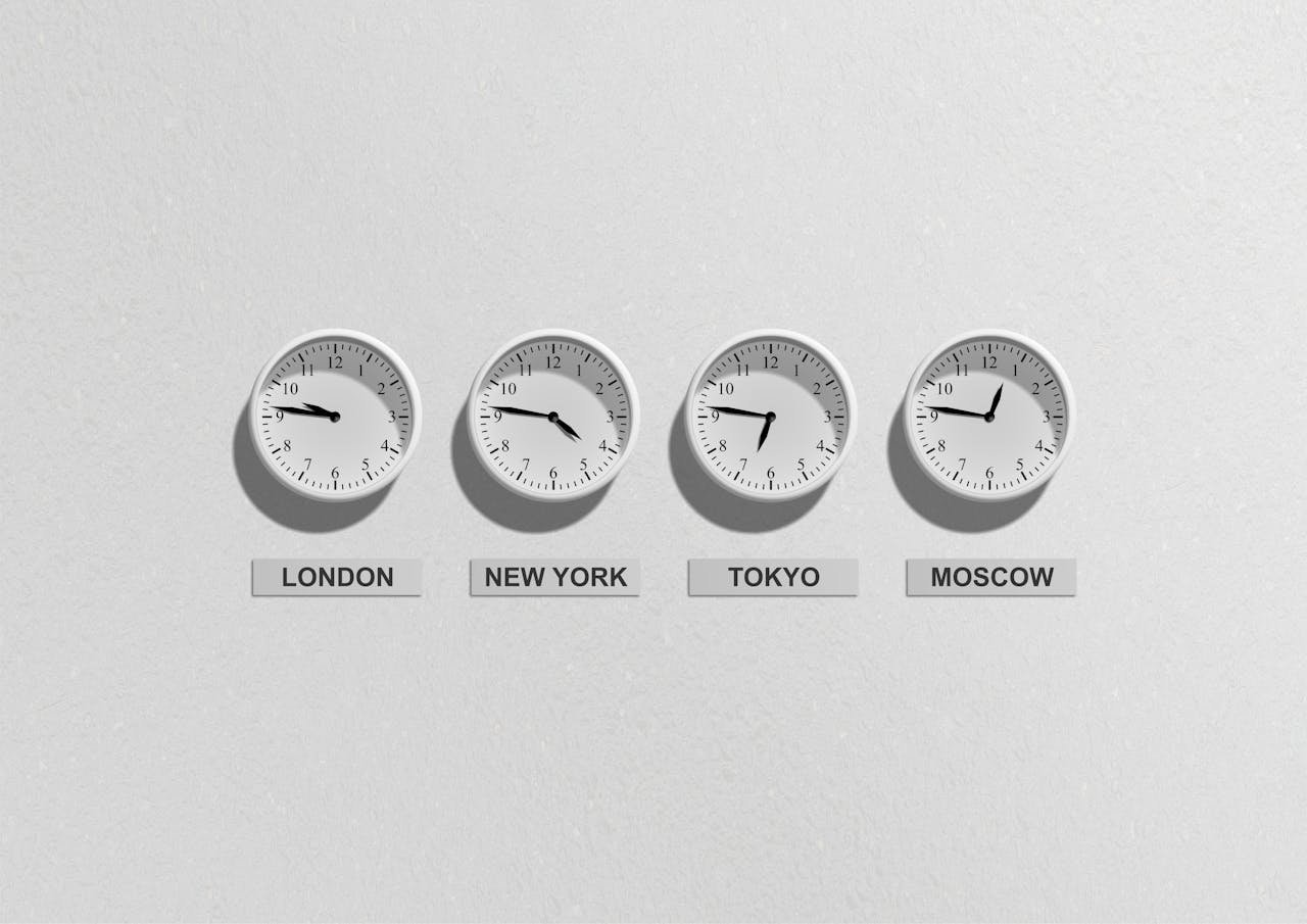 Four wall clocks showing different time zones for London, New York, Tokyo, and Moscow.